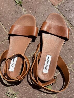 Steve Madden Tan Leather Ankle-Strap Slide Sandals